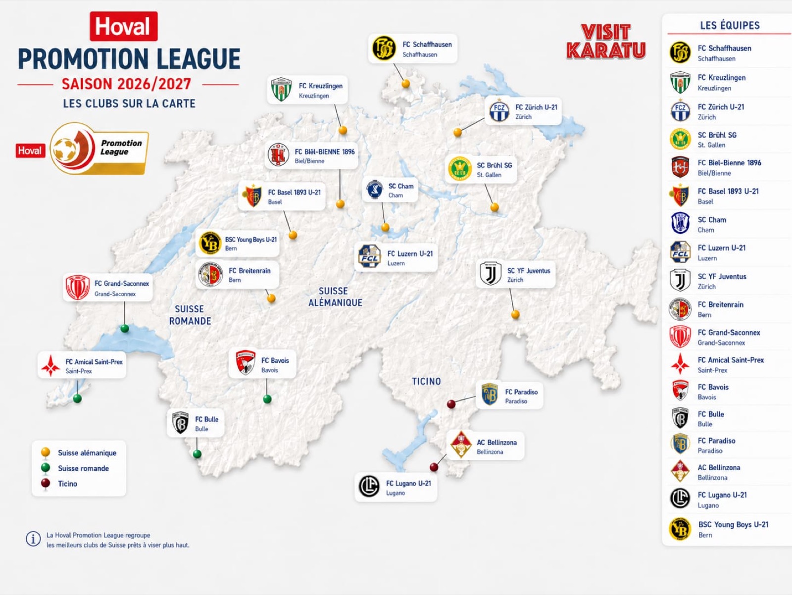 Hoval Promotion League 2026/2027 — clubs and cities where Visit Karatu is promoted across Switzerland